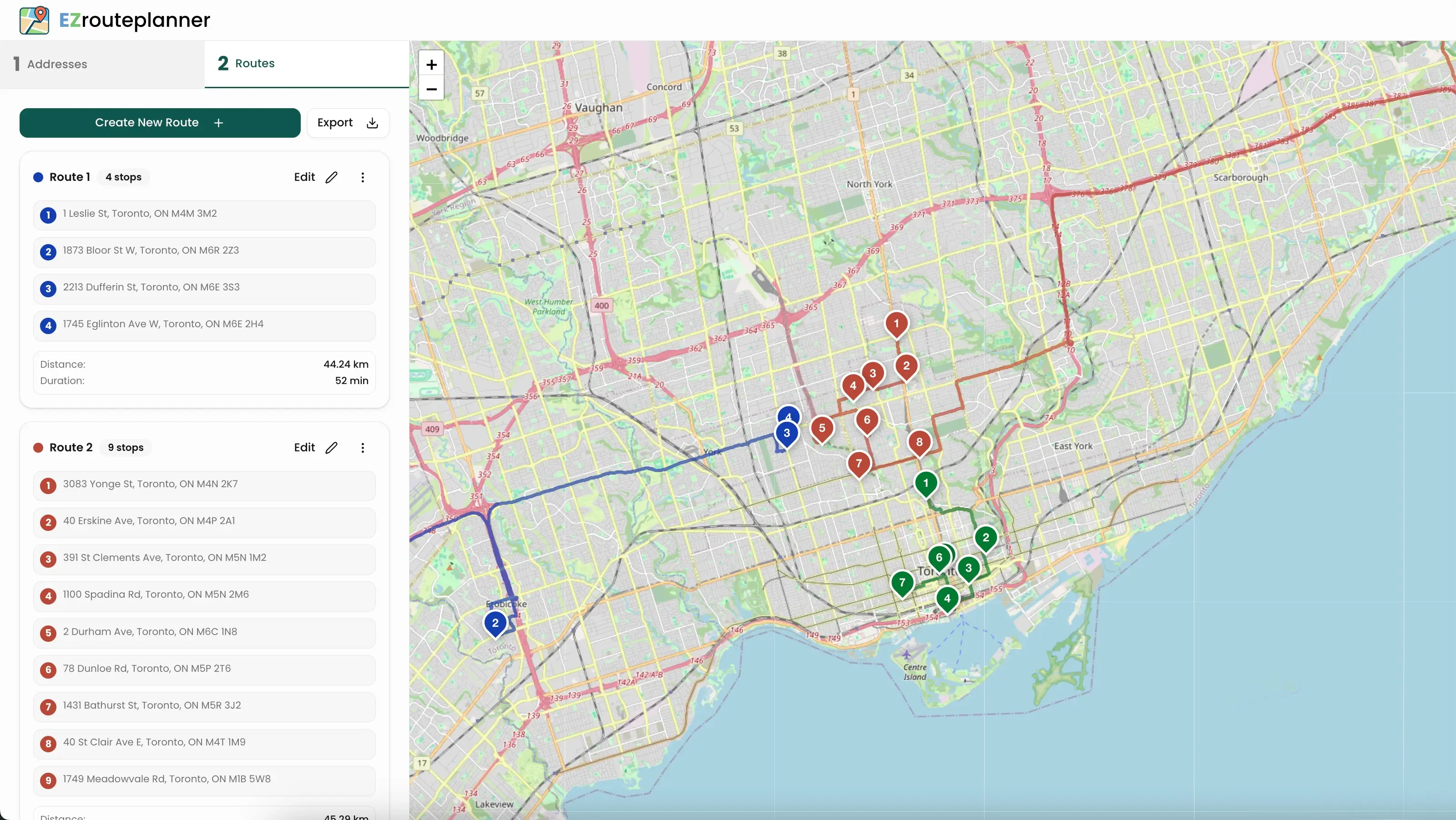 EZRoutePlanner interface showing optimized routes on a map